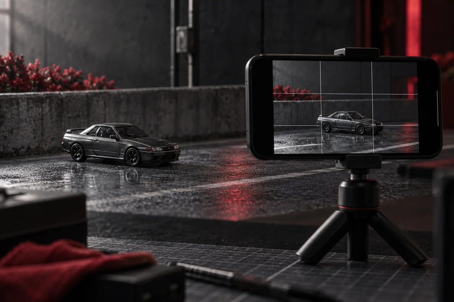 小さな情景の中のミニカーをスマートフォンで撮影する編集用イメージ