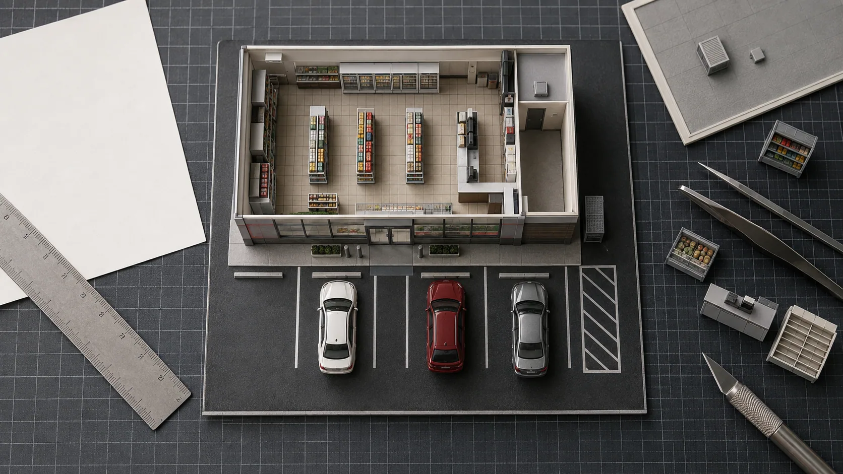 屋根を外した架空の1/64コンビニジオラマを真上から見る編集用イメージ