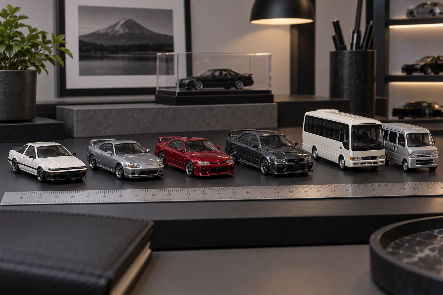 定規とともに現代的な1/64前後の車両模型を並べた編集用イメージ
