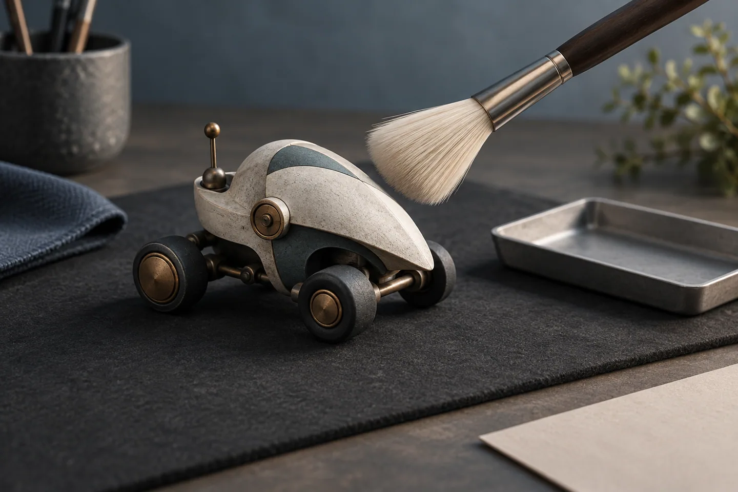 柔らかいブラシと小さなトレーを添え、抽象的な車輪付きオブジェを点検する作業台