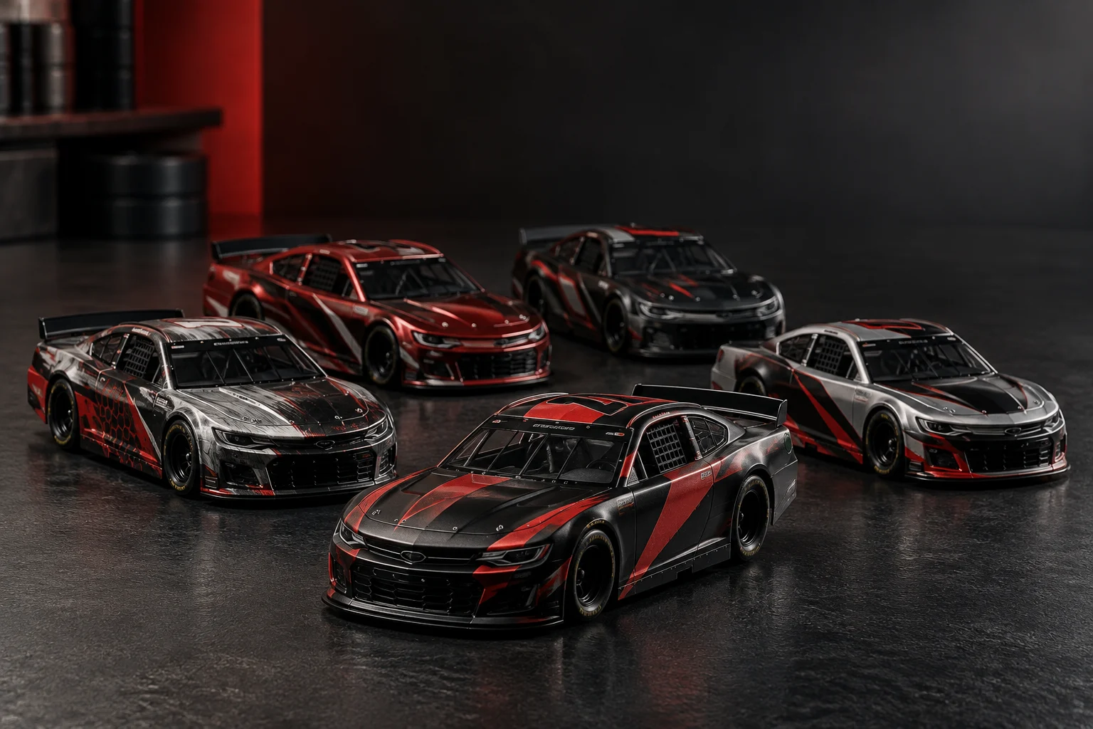 架空の1/64ストックカーミニカーを複数並べた編集用イメージ