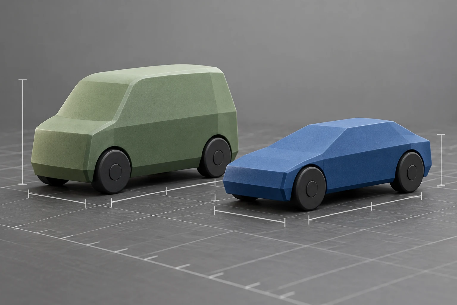 背の高い車体と低い車体を抽象模型で比較するイメージ
