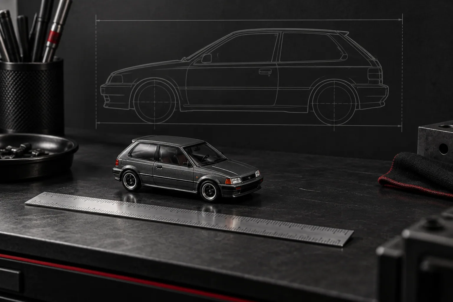 定規の横に置いたロゴのない1/64スケール風ミニカーの編集用イメージ